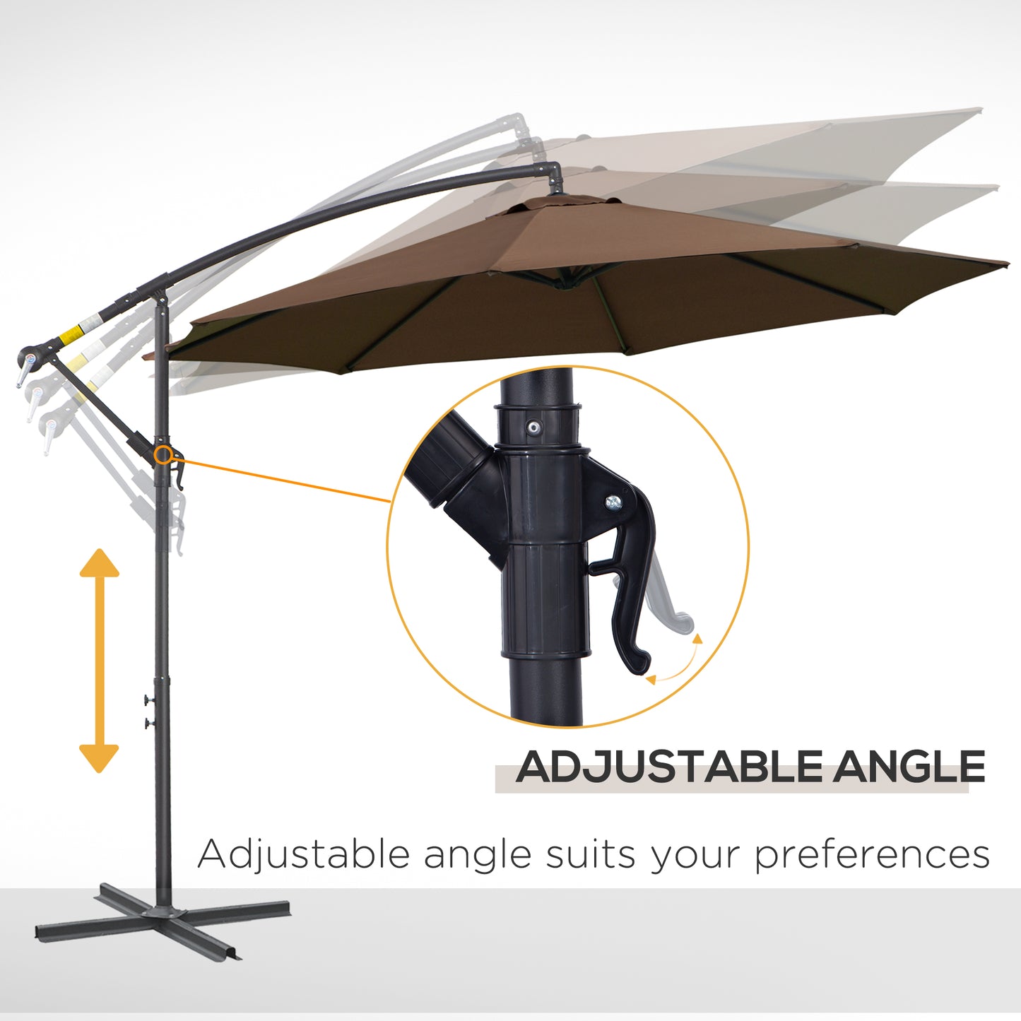 Outsunny 2,45 m parasol z wysięgnikiem, wytrzymały, wodoodporny parasol ogrodowy z podstawą krzyżową, brązowy