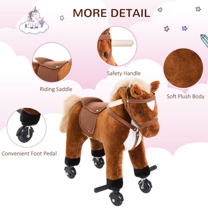 Rocking Horse Plush Kids Ride on Gift Wooden Action Pony Wheeled Walking Riding Little Baby Toy With Sound-Brown