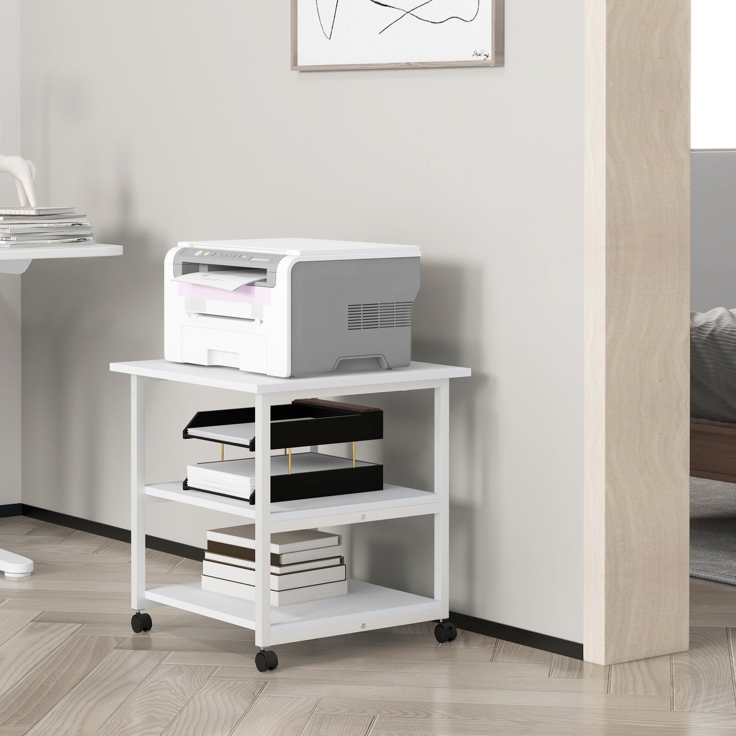 3-Tier Printer Stand with Storage Shelf, Mobile Printer Table on Wheels, 50 x 50 x 52.5cm Rolling Printer Cart for Home Office, White