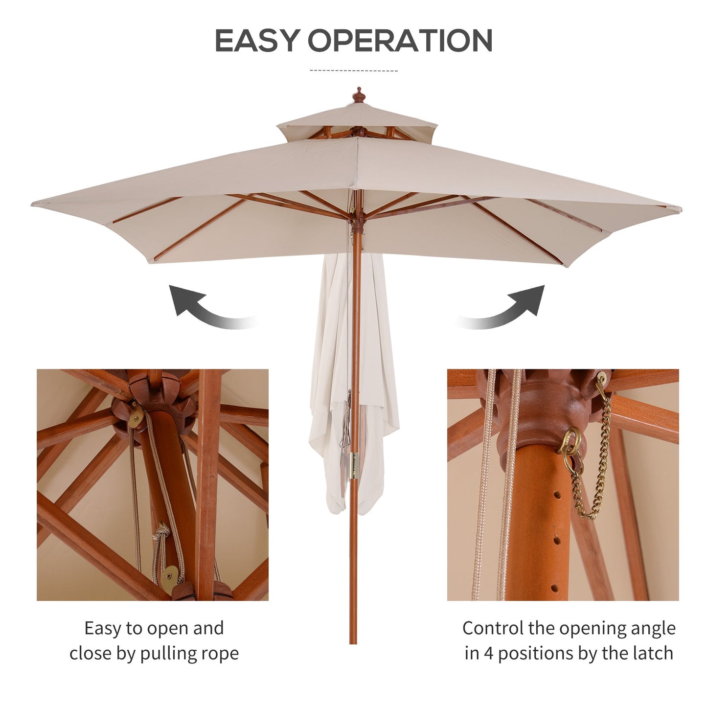 Outsunny Beige Parasol Patio 3x3M Double Tier Garden Sun Umbrella Sunshade Outdoor Wood Wooden Canopy Tier