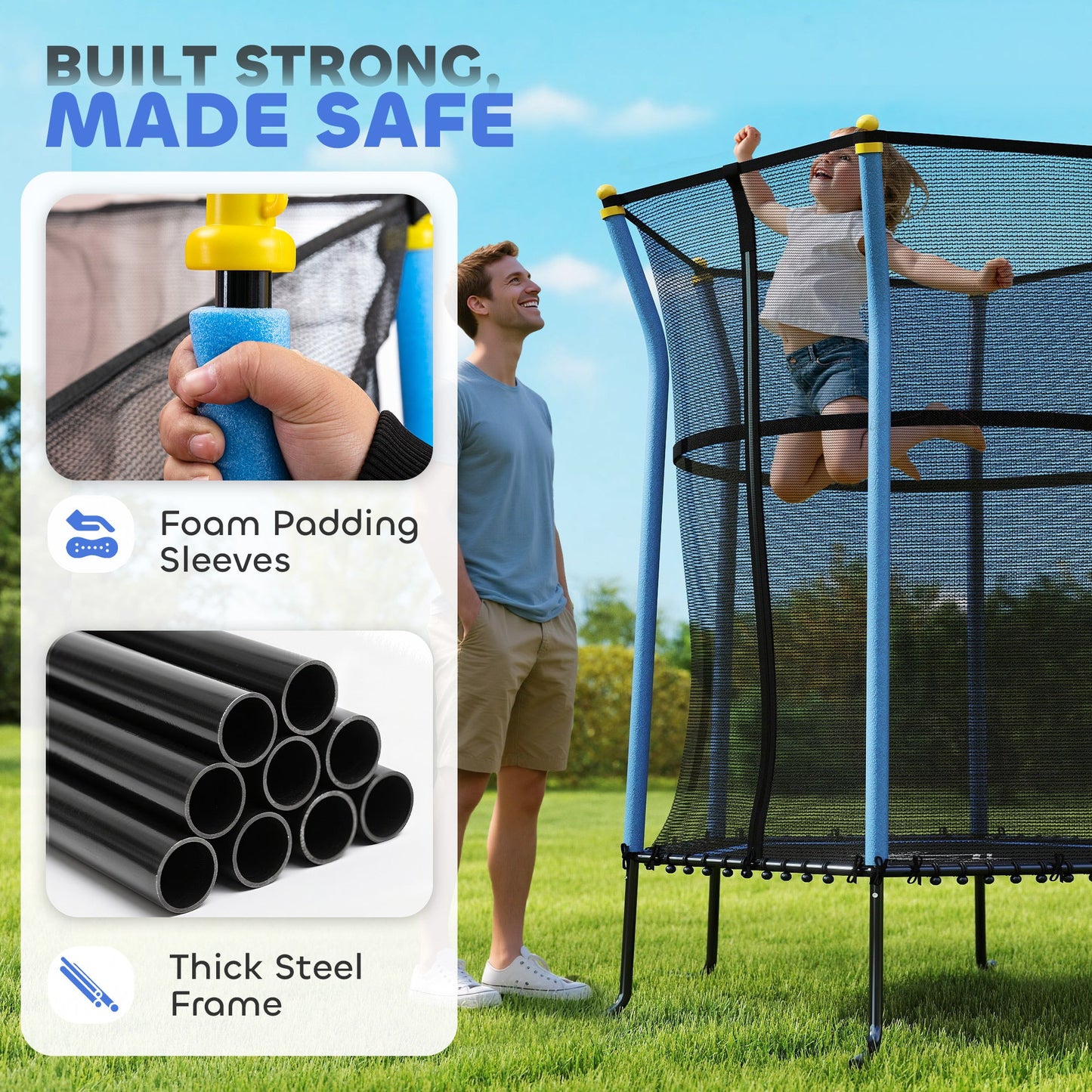 HOMCOM Dziecięca trampolina Mini Bouncer z siatką zabezpieczającą dla dzieci w wieku od 3 do 10 lat - niebieska