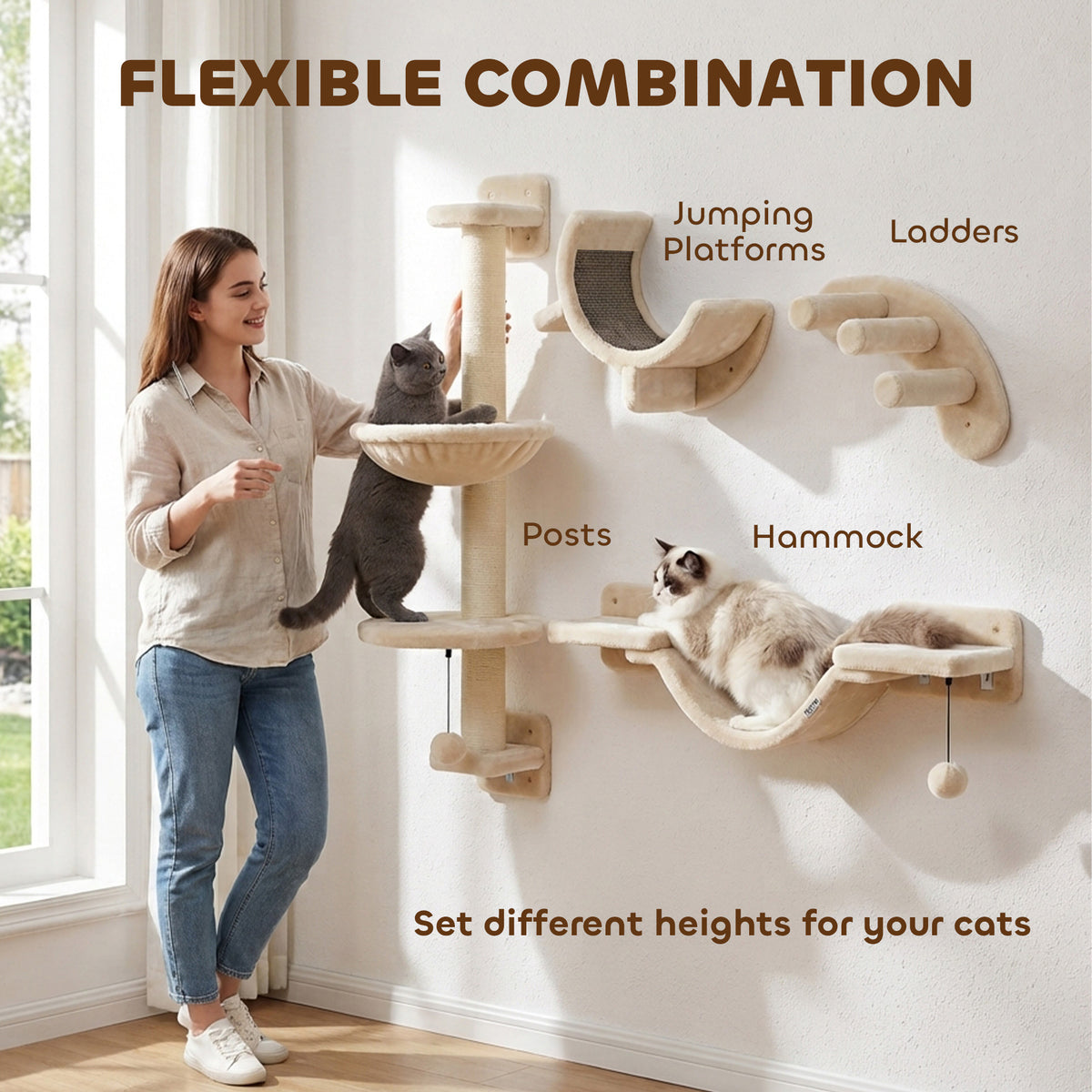 PawHut Four-Piece Cat Wall Furniture, with Hammock, Ladder, Platforms, Steps, for Indoor Use - Beige