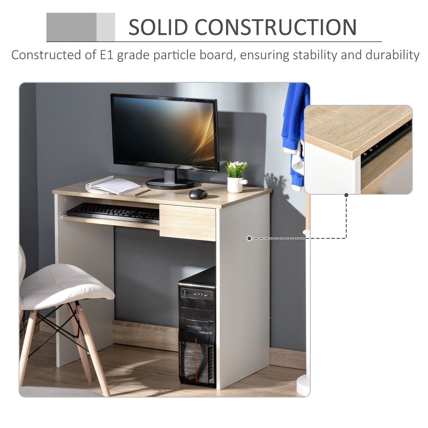 HOMCOM 80cm Compact Computer Desk with Keyboard Tray, Home Office Desk with Drawer for Bedroom Study, Oak