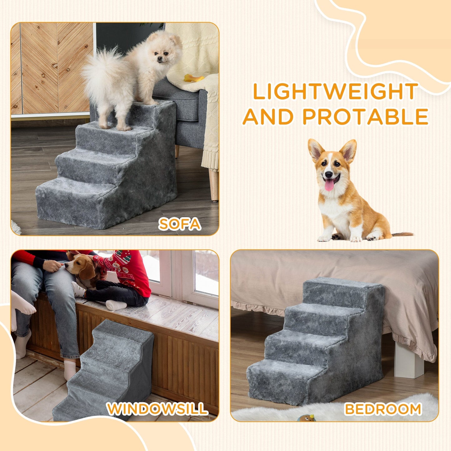 PawHut Dog Steps 4-Steps Design with Washable Plush Cover for High Bed Sofa, Dog Stairs for Small Dog and Cat