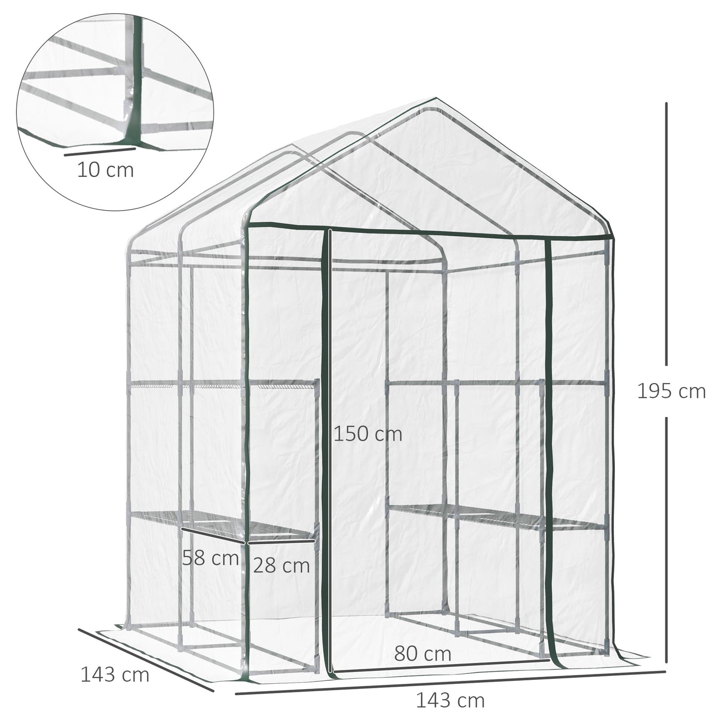 دفيئة زراعية 143 × 143 × 195 سم، 3 طبقات، بيت نمو محمول مع 8 أرفف، إطار معدني، فيلم PVC، شفاف