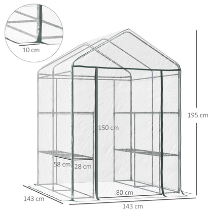 143 x 143 x 195 cm Walk-In Greenhouse 3 Tiers Portable Grow House w/ 8 Shelves, Metal Frame, PVC Film, Transparent