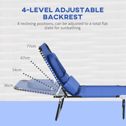 Outsunny Outdoor Folding Sun Lounger Set of 2 with Face Hole, 4 Level Adjustable Backrest Reclining Garden Lounger, Garden Recliner Sunbed with 600 D Oxford Cloth Seat and Pillow for Beach, Blue