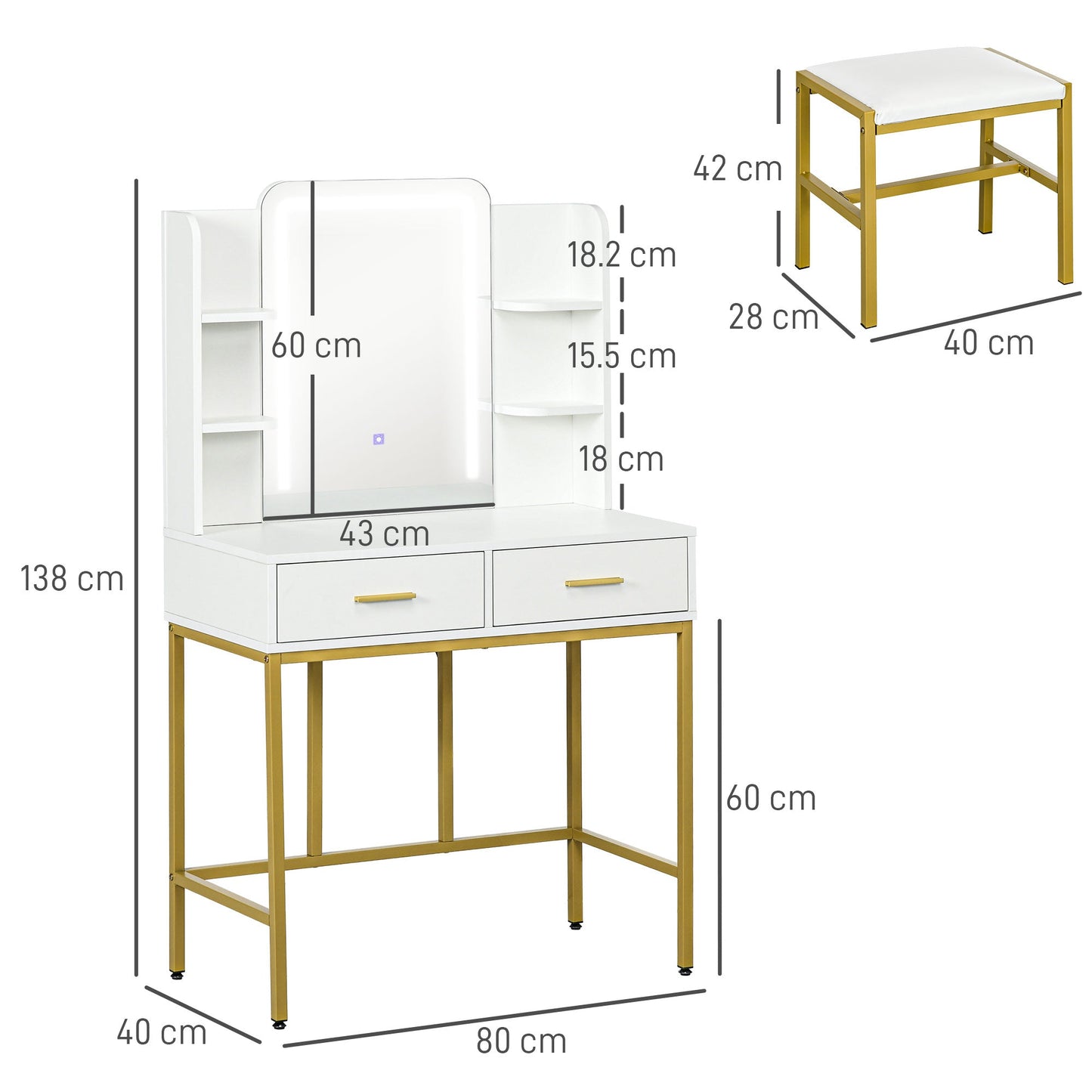 Toaletka HOMCOM LED Light z taboretem - biała
