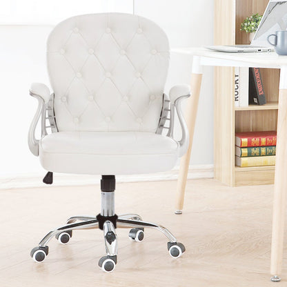 White Faux Leather Office Chair Chesterfield Chair with 360° Rotary Wheels