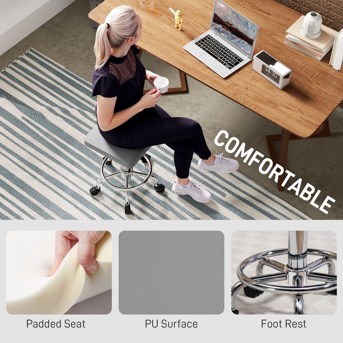 HOMCOM Faux Leather Padded Salon Stool - Grey