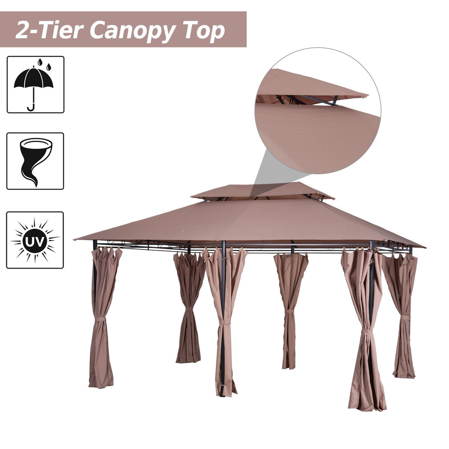 Outsunny 4m x 3(m) Metal Gazebo Canopy Party Tent Garden Pavillion Patio Shelter Pavilion with Curtains Sidewalls Brown