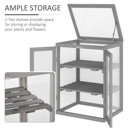 3-tier Wood Greenhouse Garden Polycarbonate Cold Frame Grow House w/ Storage Shelf for Plants, Flowers, Dark Grey