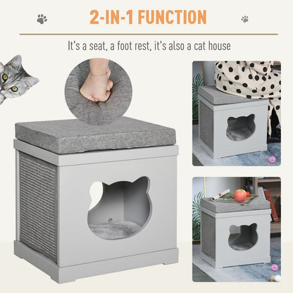 PawHut Wooden Cat House for Small Cat w/ Removable Scratching Pad and Soft Cushion