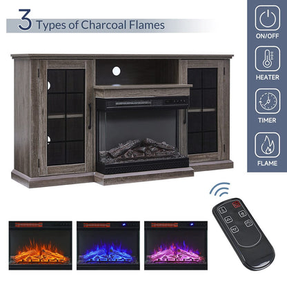 Smallbee 3-Sided Fireplace TV Stand Wood With Glass Door Storage