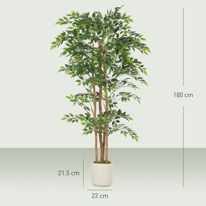HOMCOM 180cm Artificial Ficus Tree, Fake Potted Tree with Solid Wood Trunk and Pot for Indoor, Green