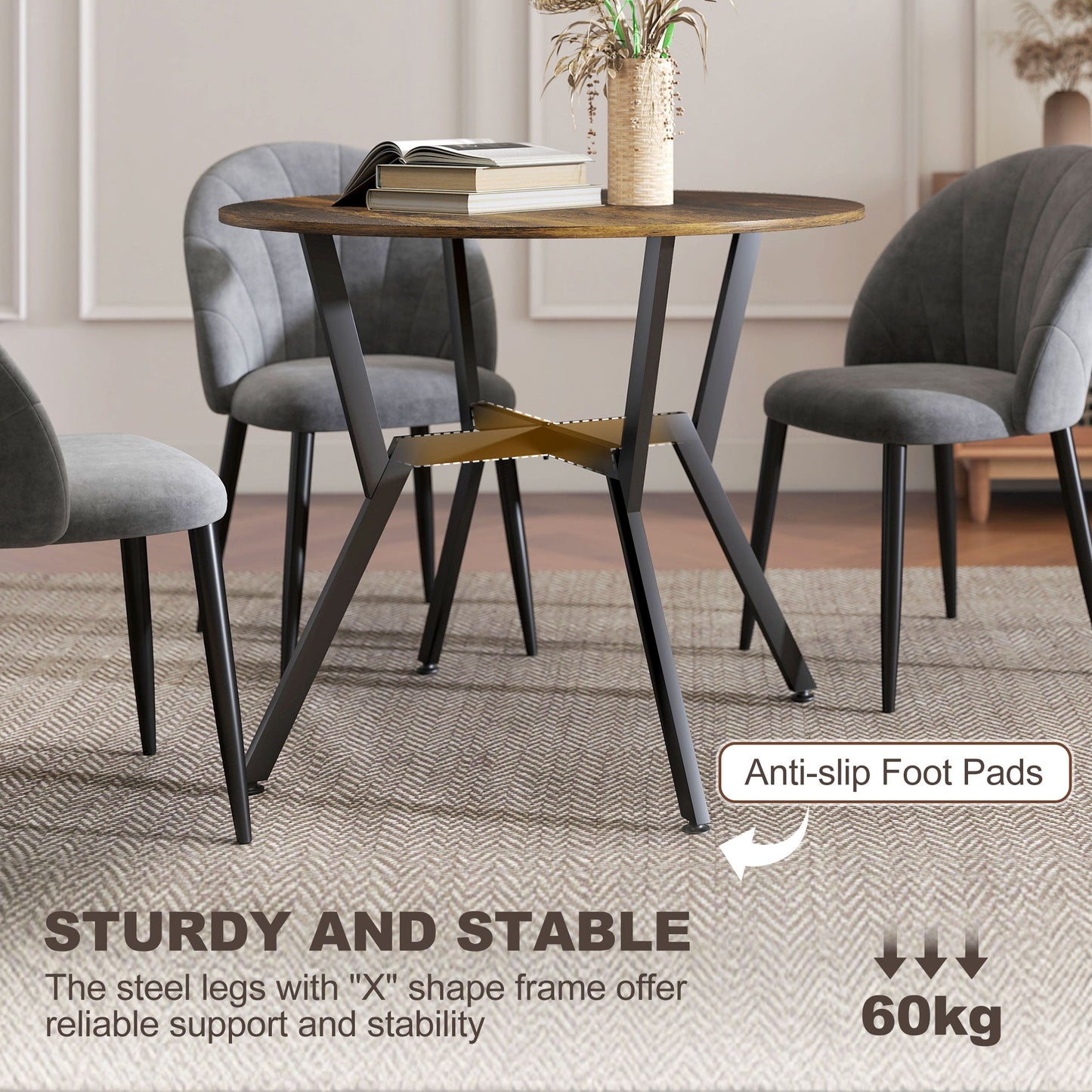 HOMCOM Dining Table, Round Kitchen Table with Black Legs, Anti-slip Foot Pads for Living Room, Dining Room 90 x 76 cm, Rustic Brown