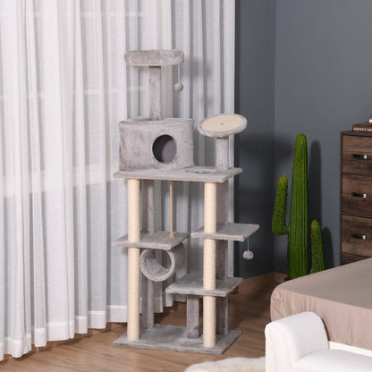 PawHut Cat tree Tower 179cm Climbing Activity Centre Kitten with Jute Scratching Post Pad Condo Perch Hanging Balls Teasing Rope Toy Dark Grey