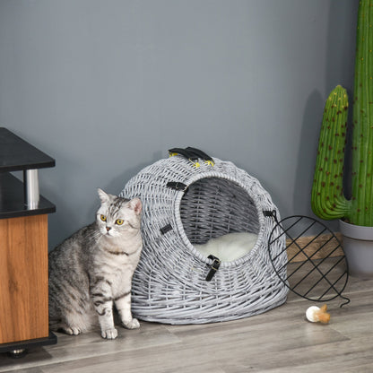 سلة حمل الحيوانات الأليفة من PawHut Wicker Pet Carrier Basket Cat Kitten Bed قفص سفر محمول مع مقبض مبطن ناعم، رمادي 50 × 40 × 40 سم