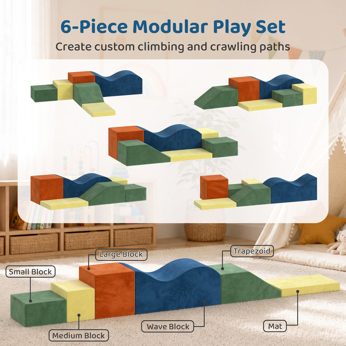 AIYAPLAY Kids Soft Play Set, 6PCS Foam Climbing Blocks with Non-Slip Base, Indoor Soft Playground for Climbing and Crawling