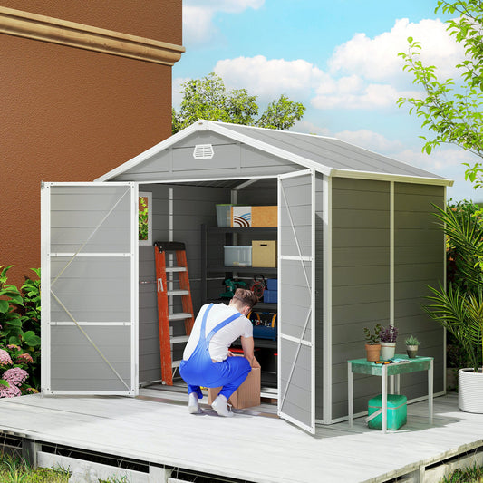 Szopa Outsunny 7,9 x 6,2 stopy, aluminiowa, z ramą i plastikową ścianą, z fundamentem - jasnoszara