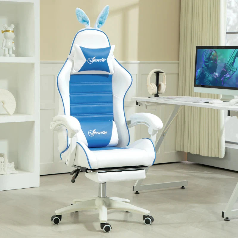 Vinsetto Racing Gaming Chair, Reclining PU Leather Computer Chair with Removable Rabbit Ears, Footrest and Lumber Support, Blue