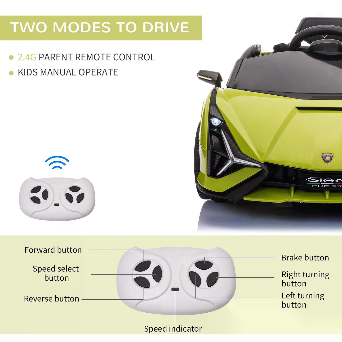 HOMCOM Lamborghini Sian Licensed 12V Kids Electric Ride On Car 2 Motors Toy Car with Remote Control Music Lights MP3 for 3-5 Years Green