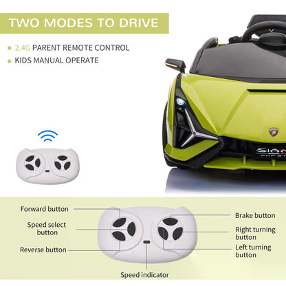 HOMCOM Lamborghini Sian Licensed 12V Kids Electric Ride On Car 2 Motors Toy Car with Remote Control Music Lights MP3 for 3-5 Years Green