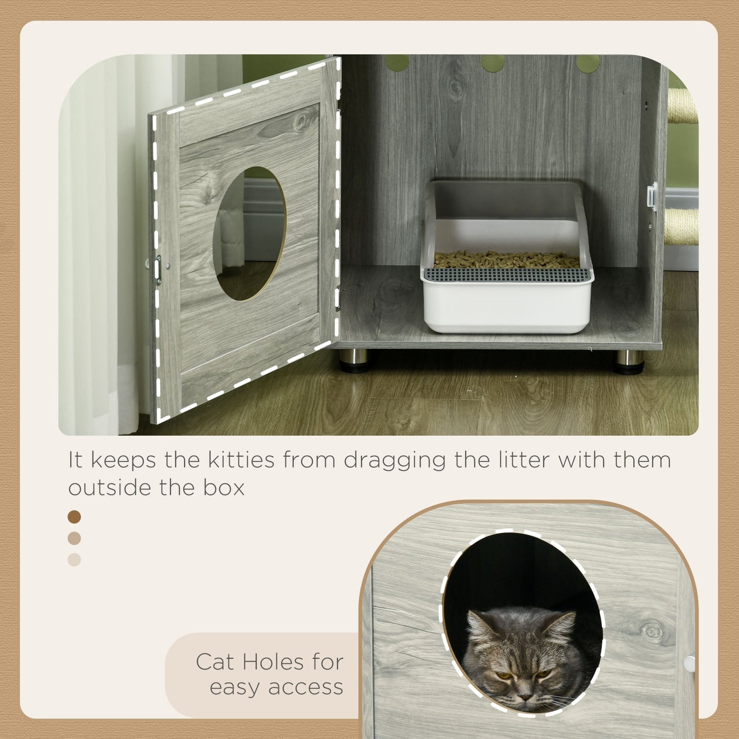 PawHut Enclosed Cat Litter Box with Cat House, Cat Bed, Scratching Posts, Platforms for Indoor Cats Use, Grey