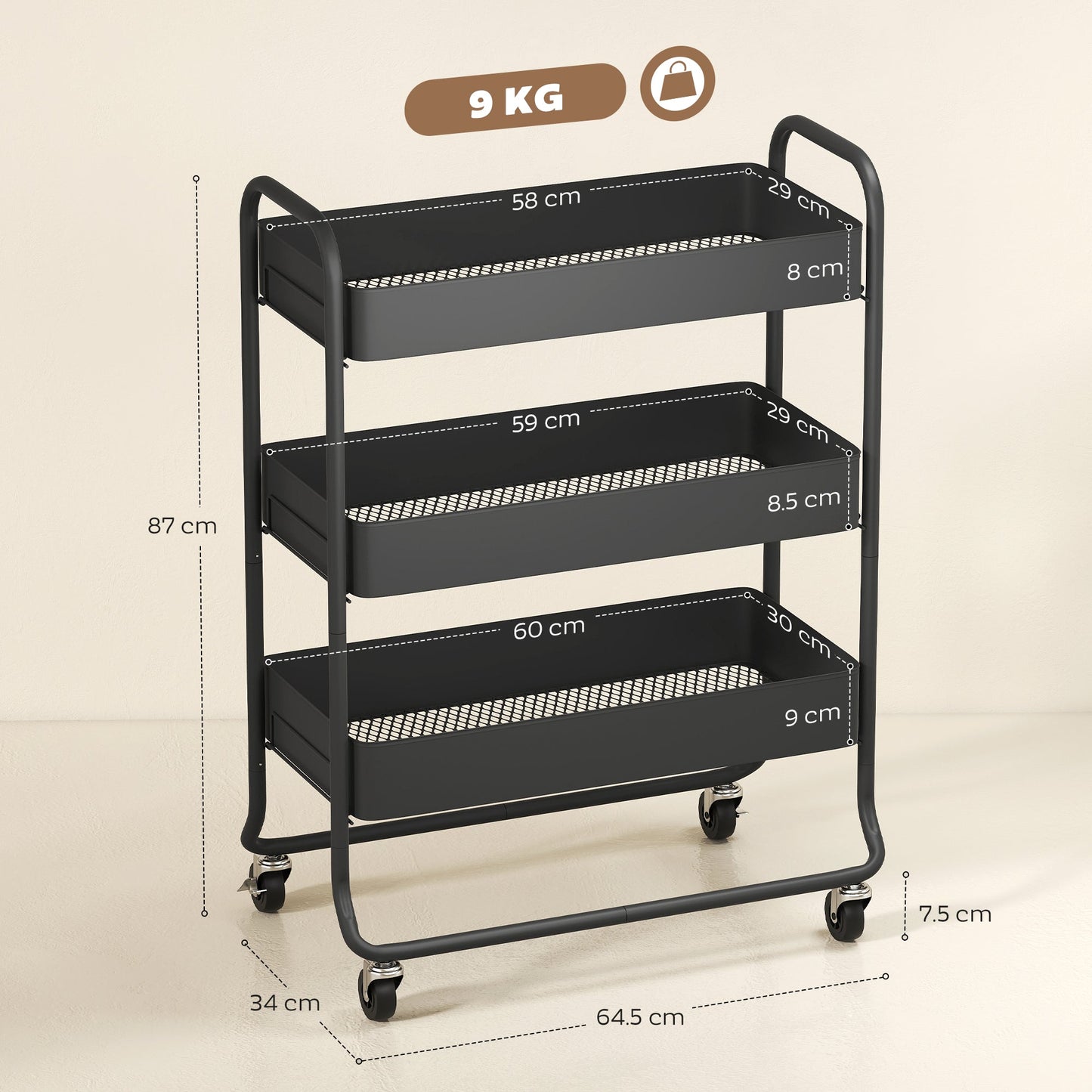 HOMCOM 3-Tier Storage Trolley on Wheels, Rolling Utility Cart with Mesh Backets for Kitchen, Bathroom, Bedroom, Black