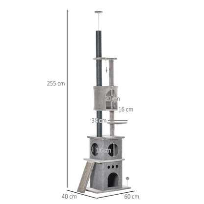 PawHut 255 سم شجرة تسلق القطط القابلة للتعديل في مركز أنشطة القطط من الأرض إلى السقف مع مسند لعب مزدوج في الشقة رمادي فاتح