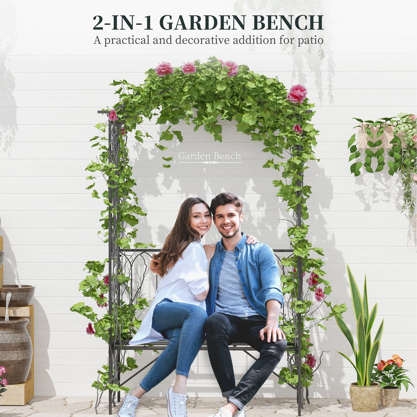 Outsunny Garden Metal Arch Bench Outdoor 2-Seater Chair, Patio Rose Trellis Arbour Pergola for Climbing Plant Vintage Classic Black 115x50x203H cm