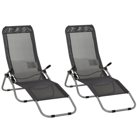 Outsunny Set of 2 Outdoor Patio Chaise Recliner Portable Lounge Chairs w/ Rust-Resistant Steel Frame & Adjustable Backrest, Grey