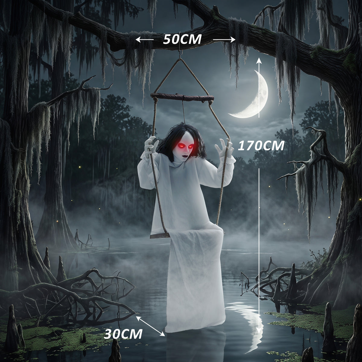 HOMCOM 170cm Animated Hanging Swing Ghost Halloween Decoration, Sound Touch Activated Ghost Halloween Animatronic