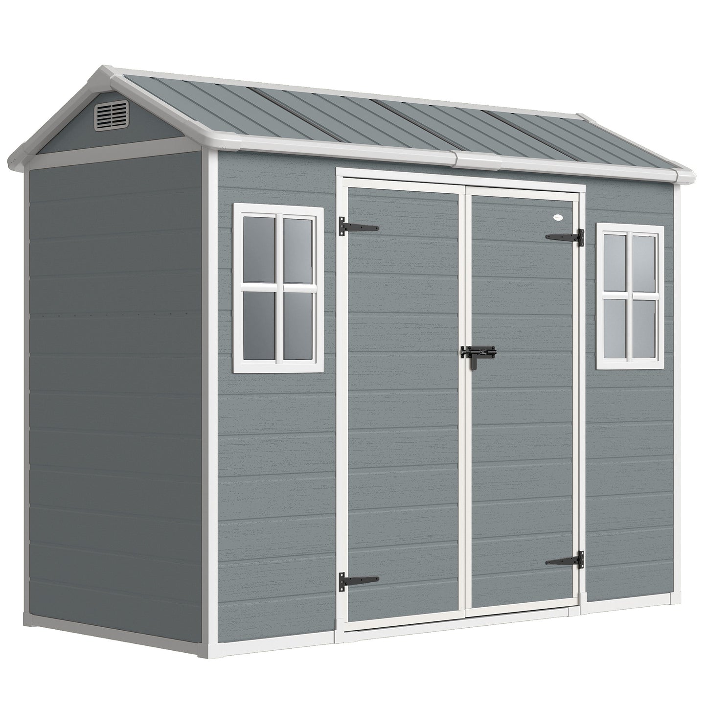 Outsunny 8 x 4 ft Plastic Garden Shed, Wood-Effect Outdoor Storage Shed with Floor, Windows, Lockable Doors and Vents, Light Grey