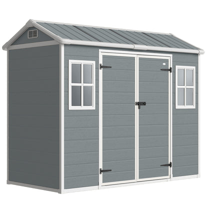 Outsunny 8 x 4 ft Plastic Garden Shed, Wood-Effect Outdoor Storage Shed with Floor, Windows, Lockable Doors and Vents, Light Grey
