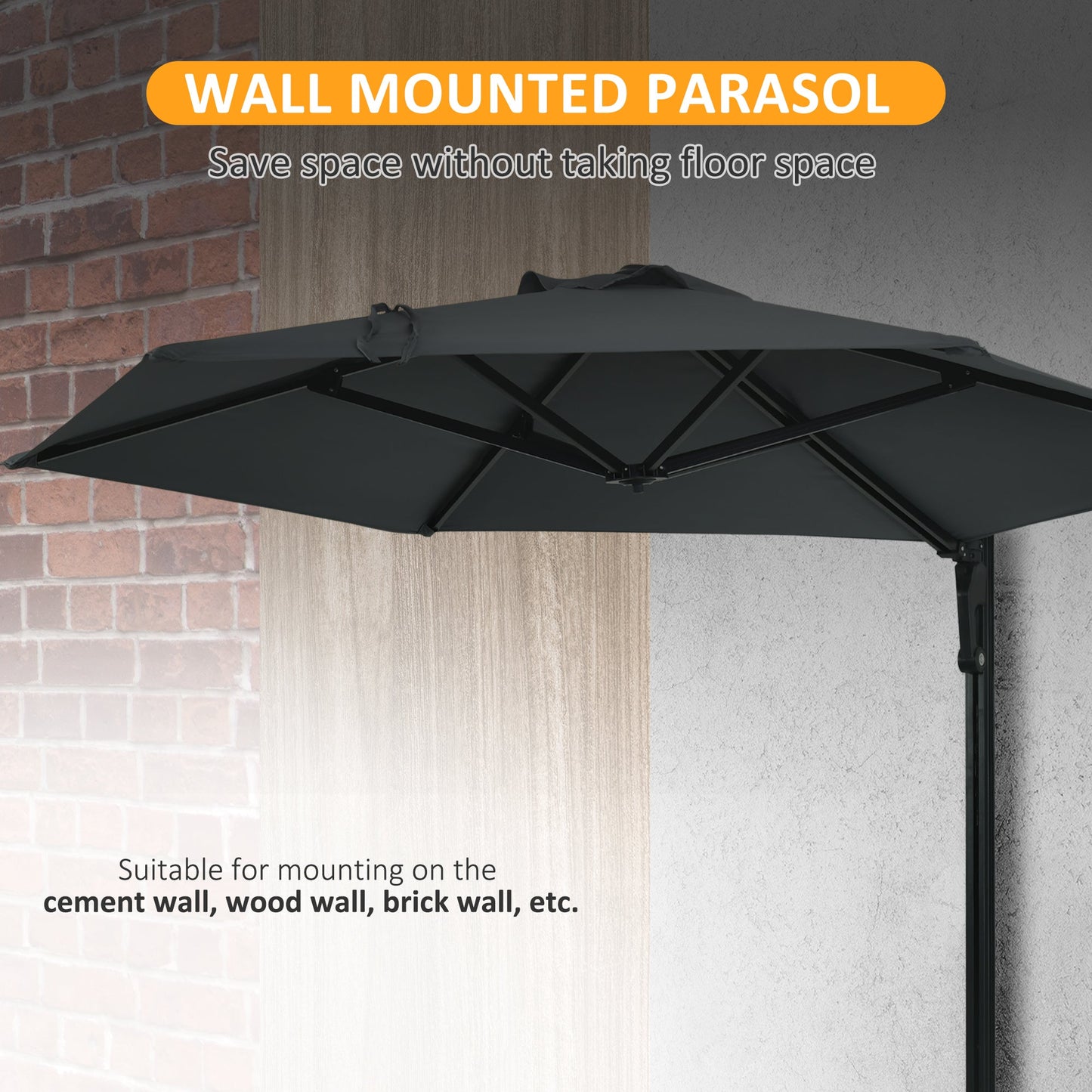 Outsunny Wall Mounted Parasol, Hand to Push Outdoor Patio Umbrella with 180 Degree Rotatable Canopy for Porch, Deck, Garden, 250 cm, Dark Grey