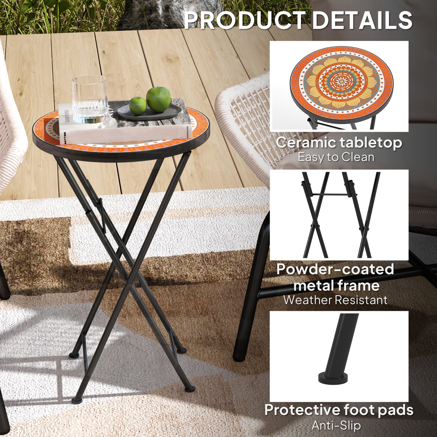 Outsunny Mosaic Outdoor Garden Table, 35,5 cm Okrągły Składany Stolik Kawowy z Metalową Ramą na Balkon i Taras, Pomarańczowy