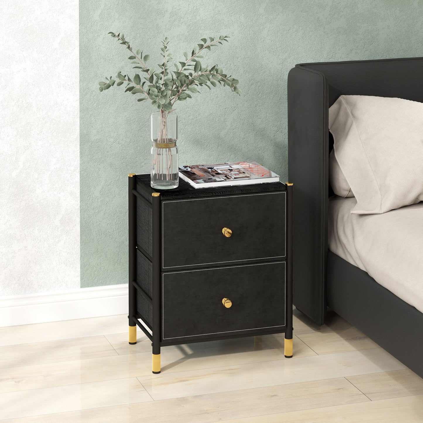 HOMCOM Bedside Table, PU Leather Side Table with 2 Drawers, Bedside Cabinet with Steel Legs for Bedroom, Living Room, Black