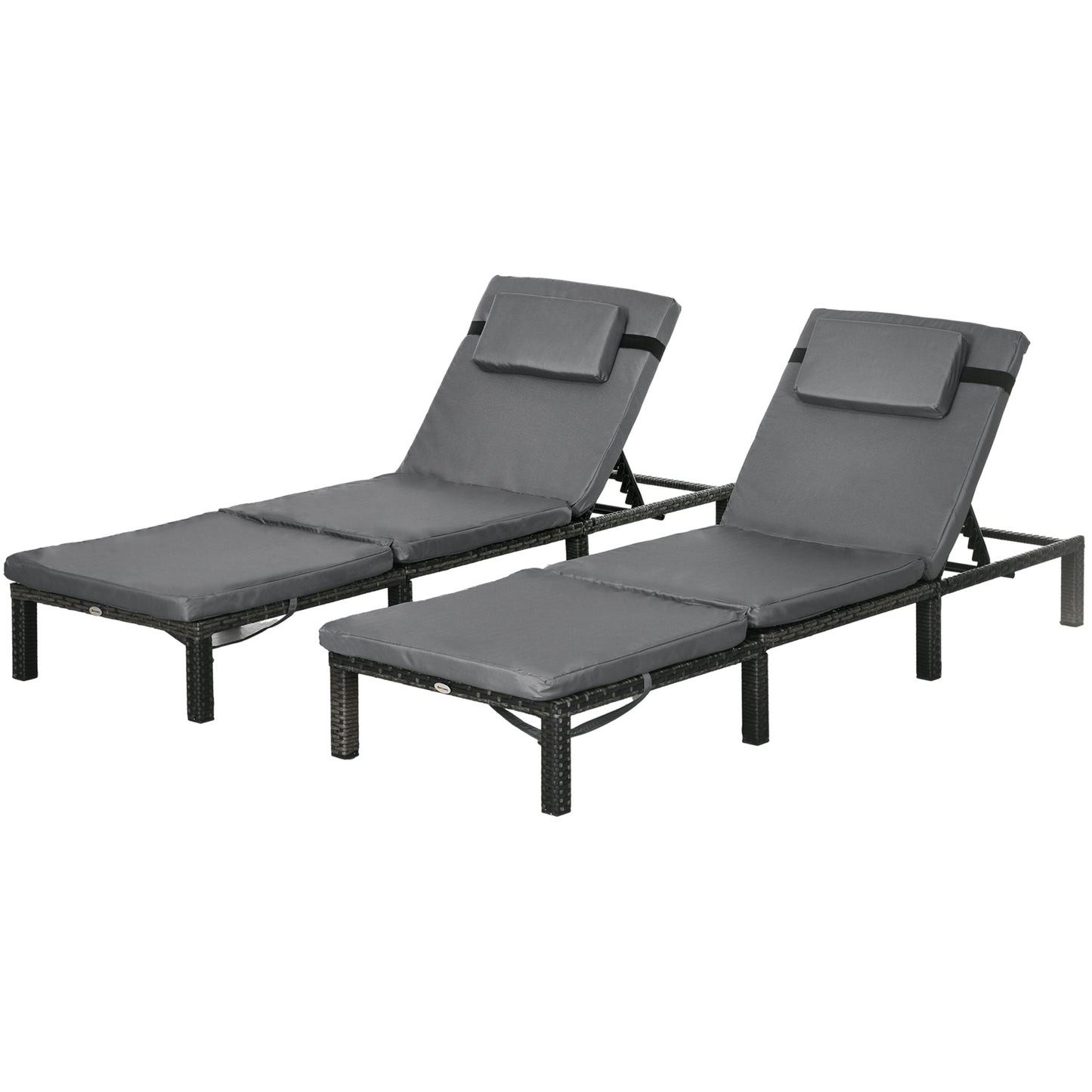 Rattan Sun Loungers Set of 2 with 5-Level Adjustable Backrest, Wicker Lounge Chairs with Padded Cushion and Headrest for Outdoors - Dark Grey