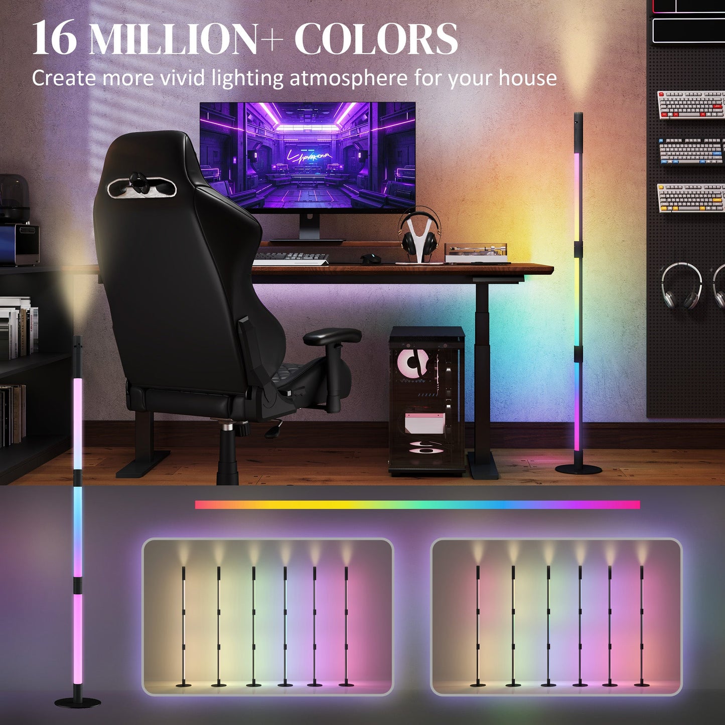 HOMCOM Lampa podłogowa LED z lampką do czytania, 360√Ç¬∞ RGB Odłączana lampa narożna z aplikacją i pilotem, Lampa stojąca z synchronizacją muzyki i timerem, do salonu, pokoju gier, Ciemnoszara