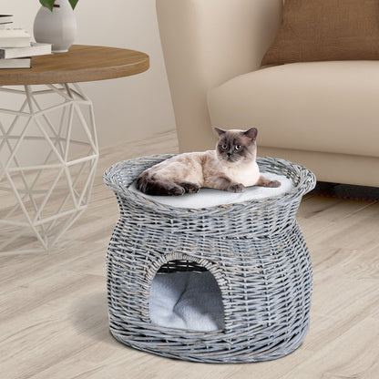 PawHut 2-Tier Wicker Cat House مرتفعة سرير الحيوانات الأليفة سلة الصفصاف هريرة برج الحيوانات الأليفة دن. مع وسائد قابلة للغسل مقاس 56x37x40 سم باللون الرمادي