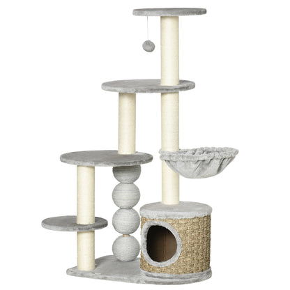 PawHut Cat Tree, 115cm Cat Climbing Tower, kitten Activity Centre with Fluffy House and Hammock, Jute Scratching Post and Hanging Ball, Light Grey