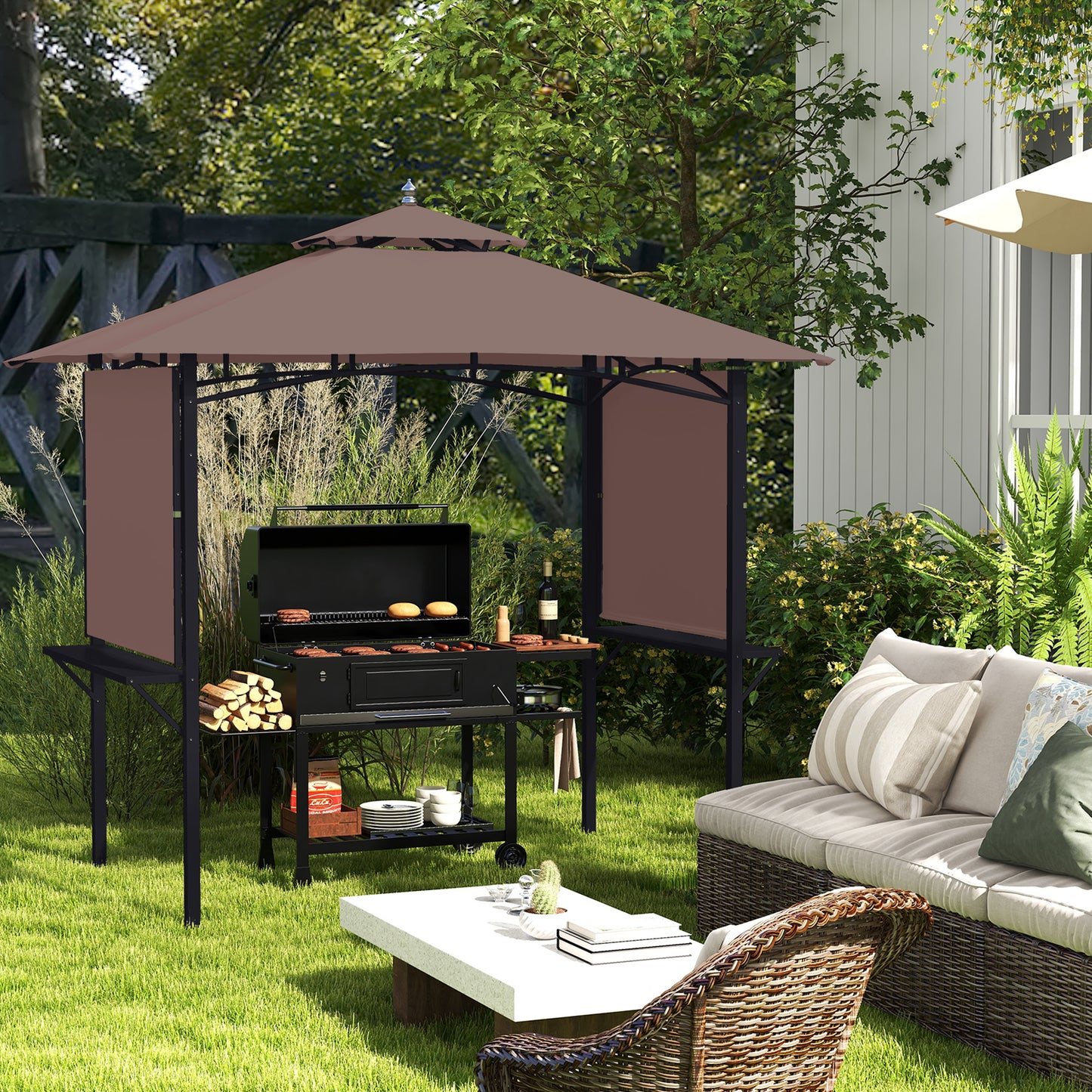 Outsunny 2,4 x 1,5 m (8' x 5') Grill Gazebo Canopy z rozkładanymi bocznymi markizami, zadaszenie na zewnątrz BBQ Gazebo Shelter z 2 bocznymi półkami do ogrodu, na patio, na grilla, na piknik, do kawiarni