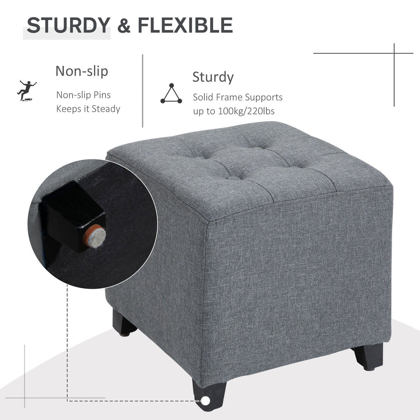 Podnóżek kwadratowy HOMCOM Linen-Look Ottoman z pikowanymi guzikami, rama z drewna, tapicerka z tkaniny, stylowy mebel domowy, podnóżek, stolik boczny, szary
