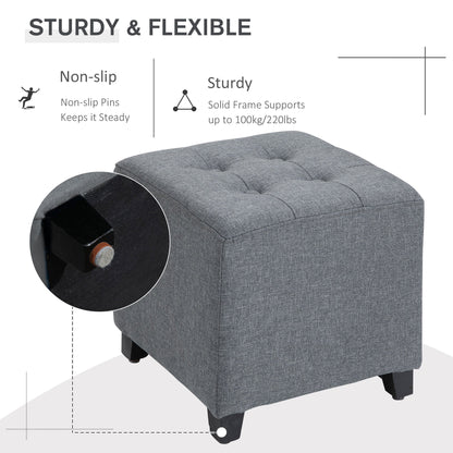 Podnóżek kwadratowy HOMCOM Linen-Look Ottoman z pikowanymi guzikami, rama z drewna, tapicerka z tkaniny, stylowy mebel domowy, podnóżek, stolik boczny, szary
