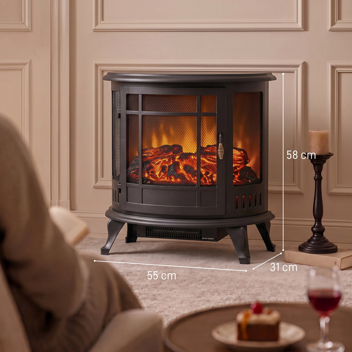 HOMCOM Electric Fireplace Stove, Freestanding Electric Fire Heater with Realistic LED Flame, 2000W, Black