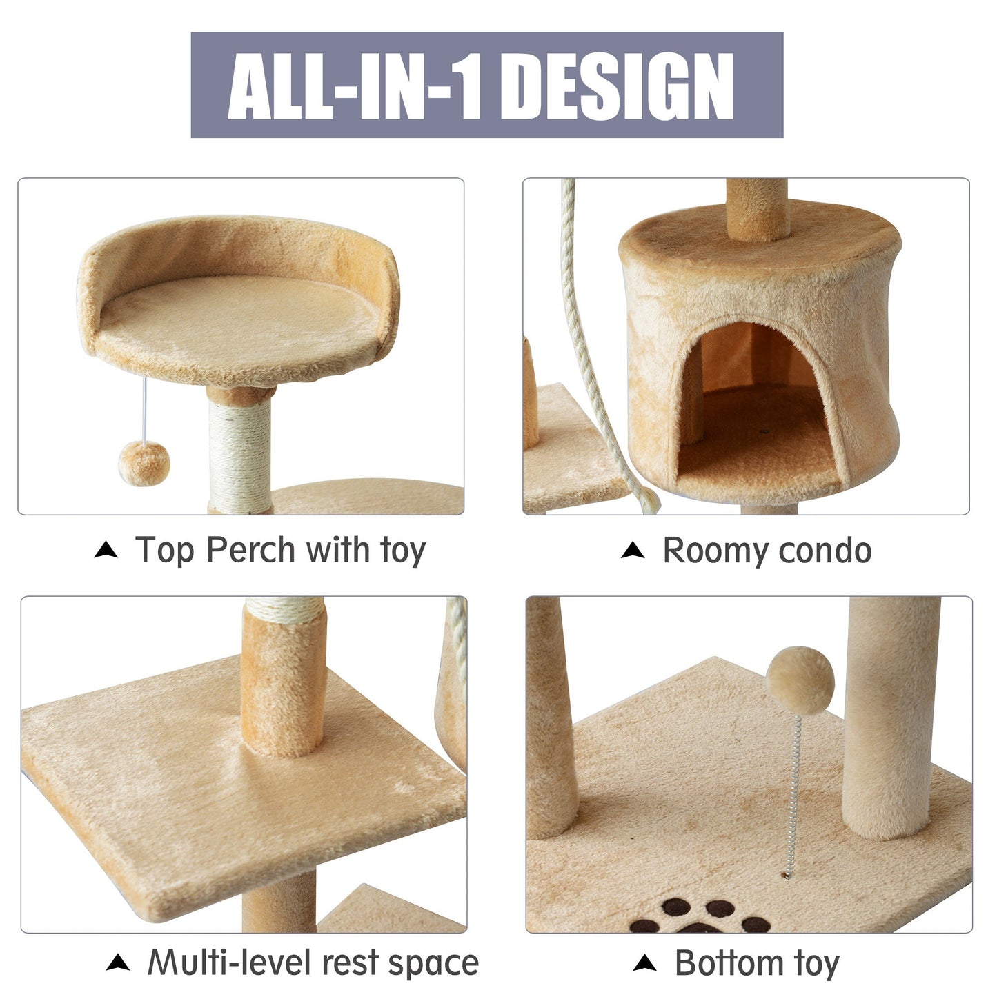 PawHut Cat Tree House, 114H cm-Beige