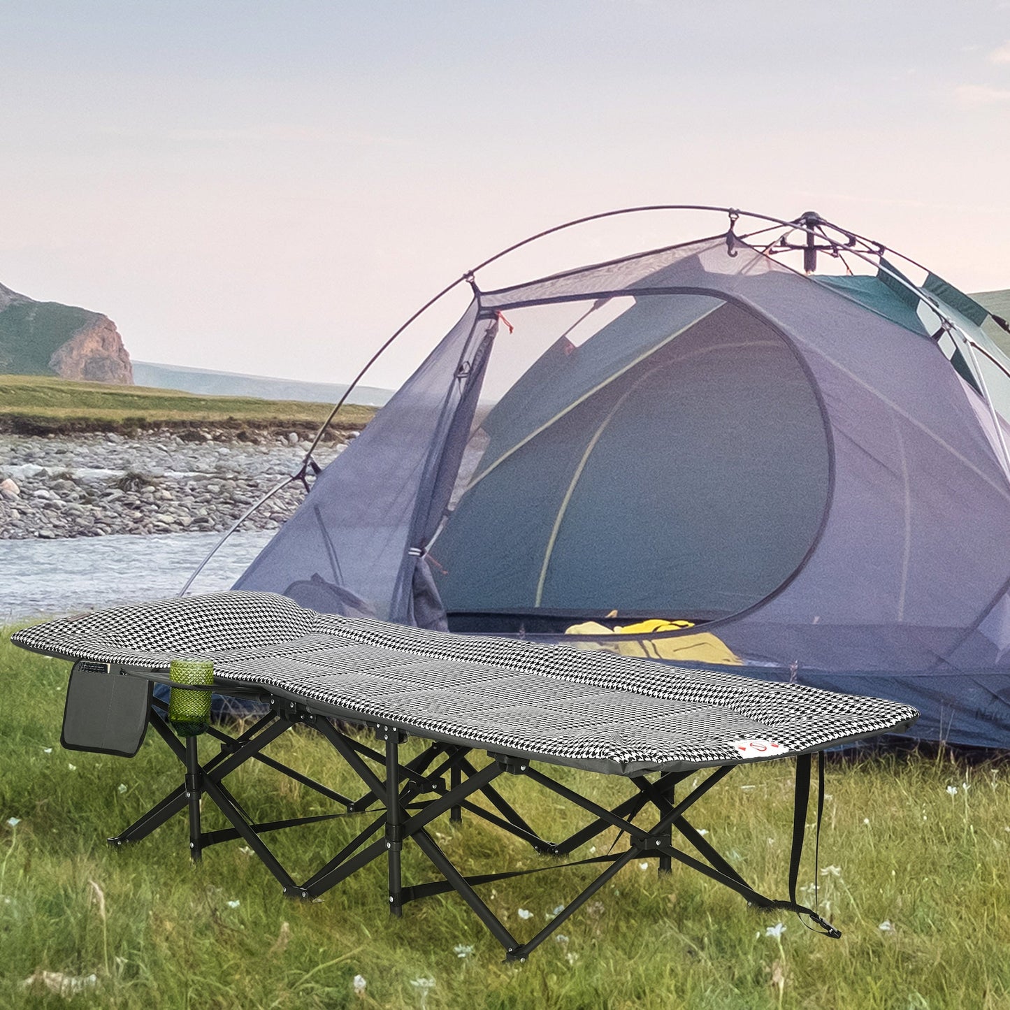 Outsunny Foldable Camp Bed, Padded Patio Camping Bed with Carry Bag, Magazine Bag and Cup Holder for Outdoor, Garden, Black