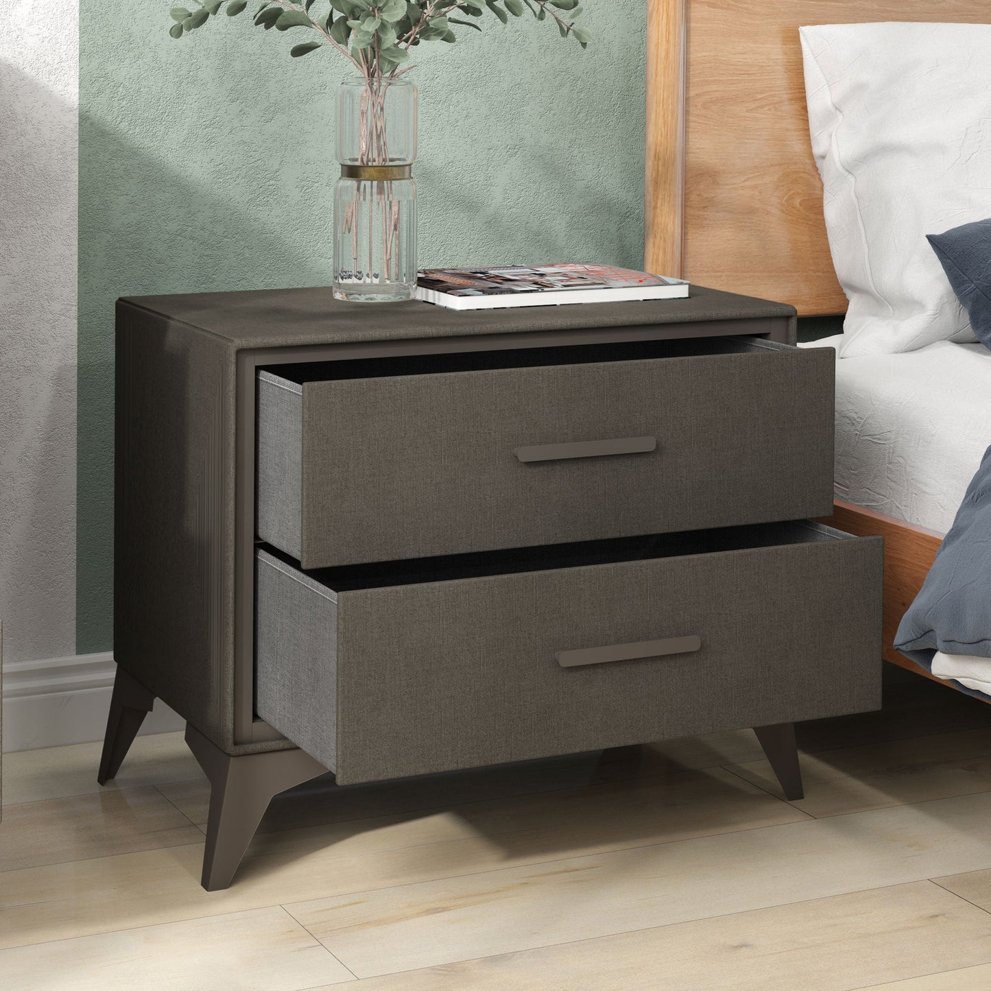 HOMCOM Velvet Bedside Table, Side Table with 2 Drawers, Modern Bedside Cabinet with Storage and Steel Legs for Bedroom, Living Room, Brown