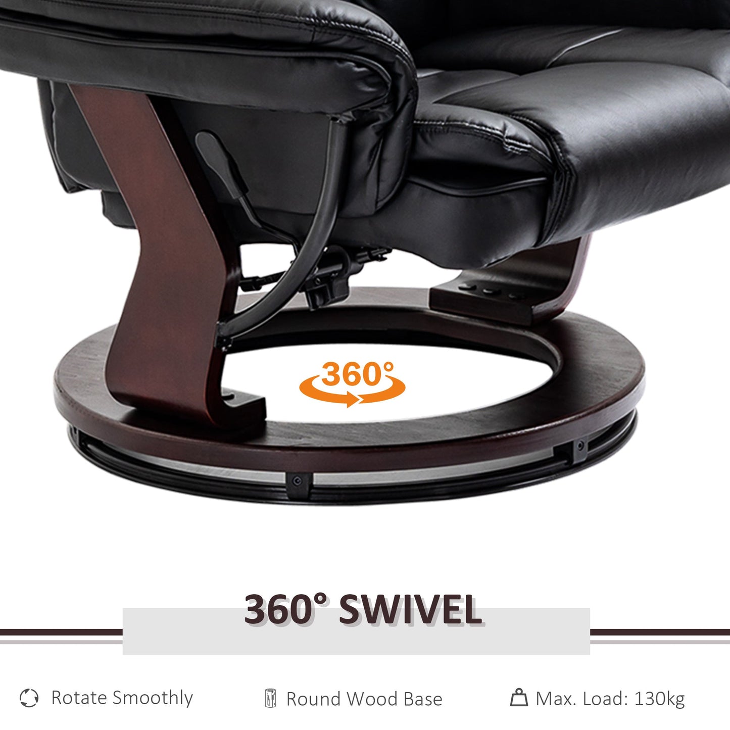 HOMCOM Recliner Chair With footstool, Recliner Armchair up to 130kg Weight Capacity, 135 Reclining Swivel Sofa Chair, PU Leather Ergonomic Couch Bed with Swivel Wood Base for Living Room, Black